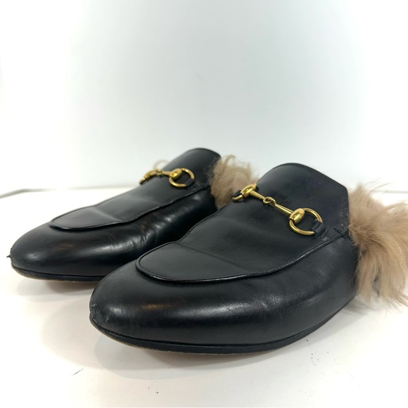 Gucci Princeton Black Leather Fur Horsebit Gold Detail Slip On Mules 39.5 US 9.5 - Picture 10 of 15
